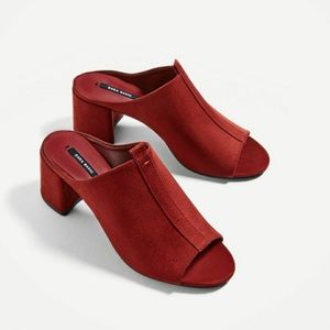 Zara Red Open-Toe Block Heel Mules